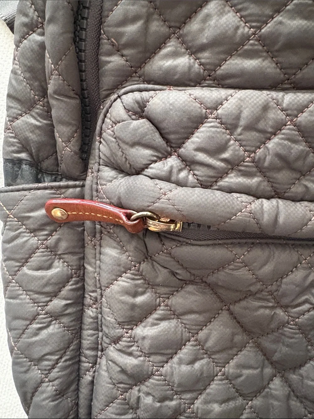 MZ Wallace Quilted Gray Nylon Backpack with Gold Accents